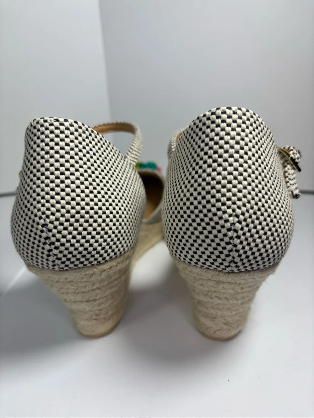 Talbots Black White Espadrille Wedge Shoes Colorful Pom Pom Ankle Strap 9